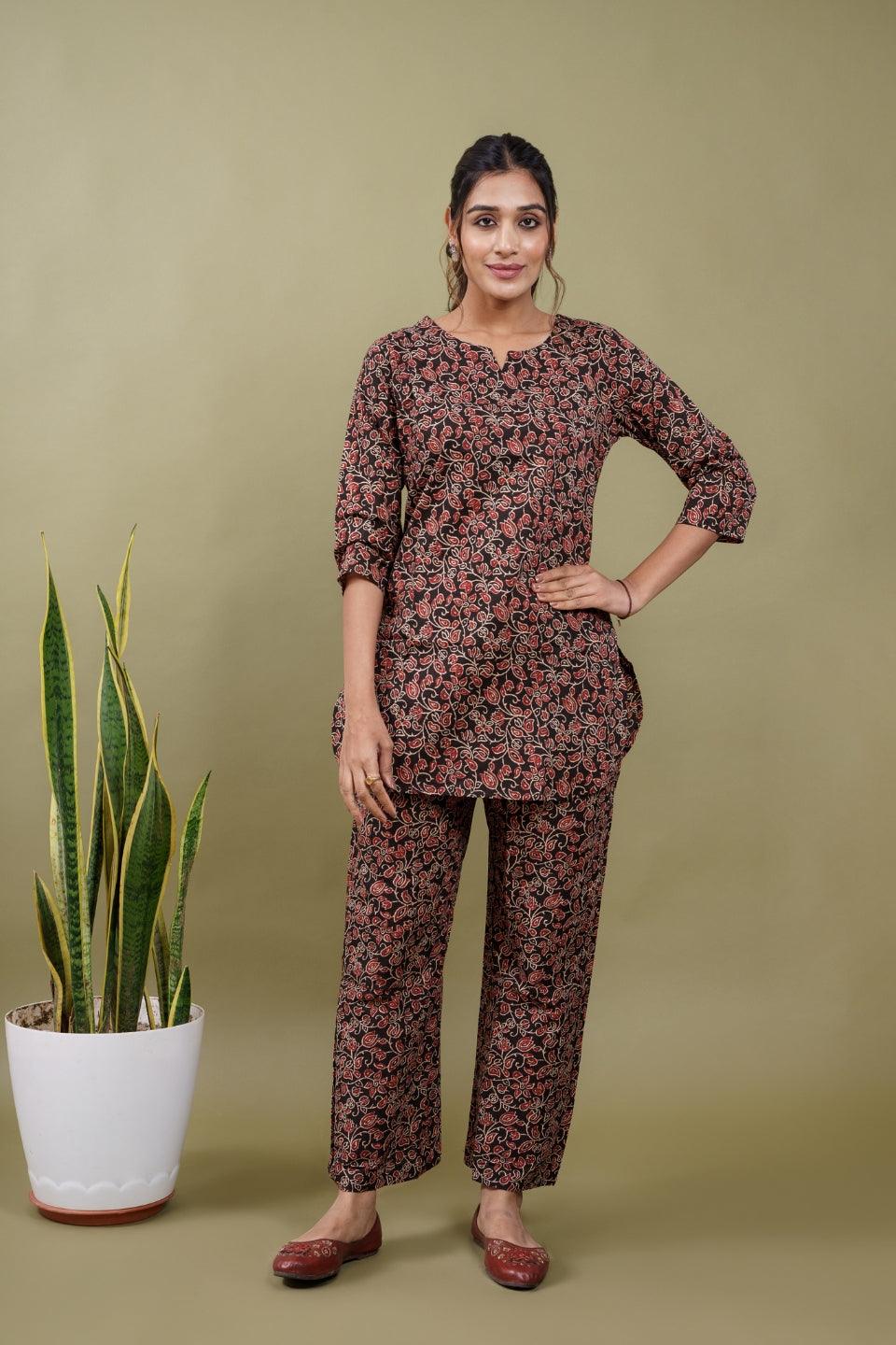 Ekisha's women black kalamkari floral printed cotton co-ord set lounge wear - Ekisha