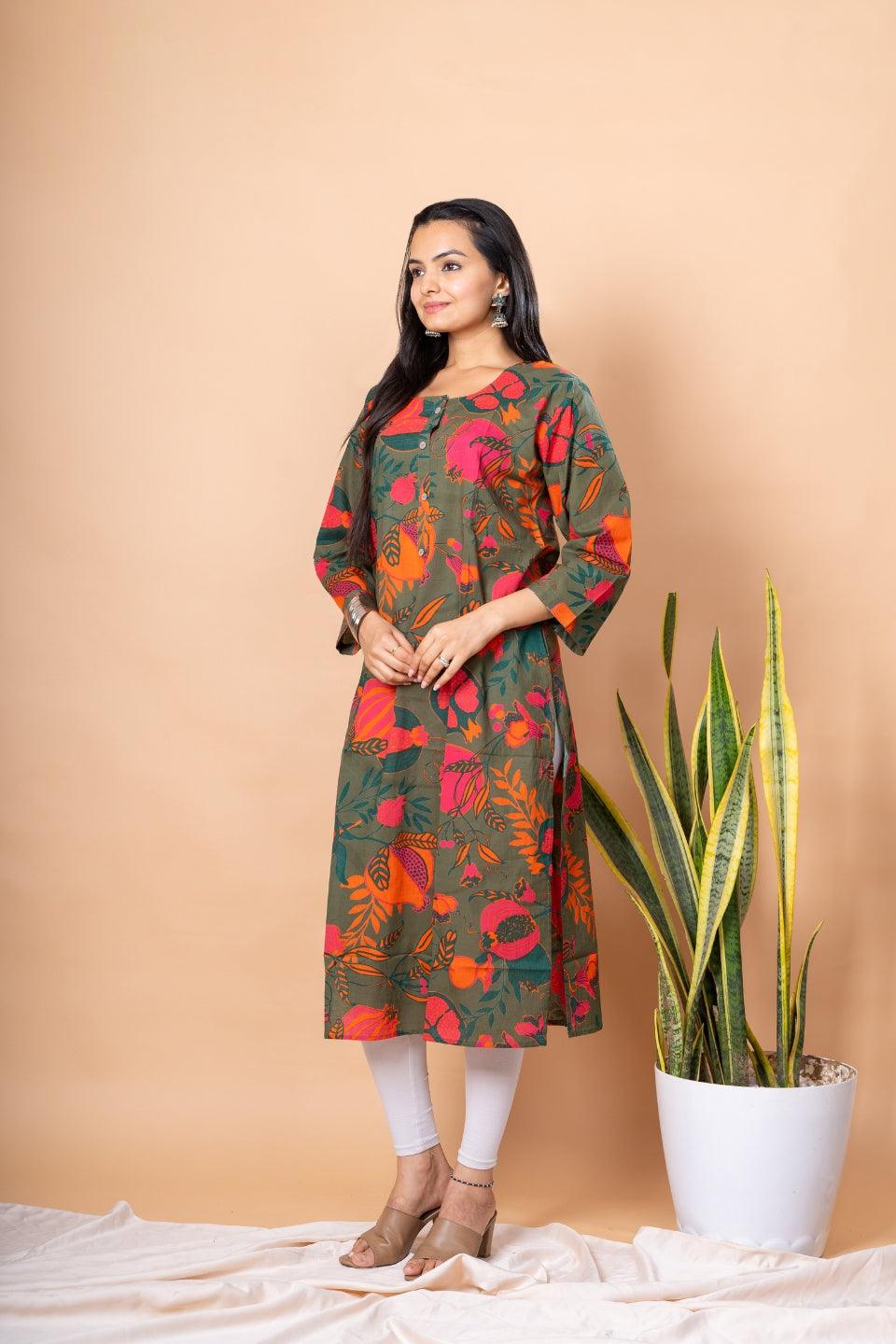 Ekisha women's dark green designer printed multicolor floral printed straight kurta kurti - Ekisha