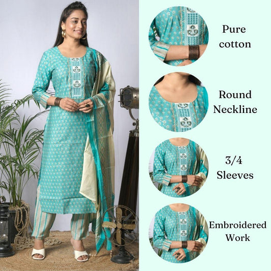 Ekisha's women printed rama designer cotton kurta and pant set with dupatta - Ekisha