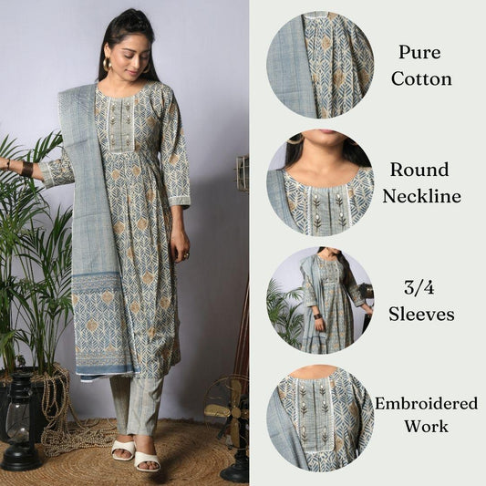Ekisha's women printed grey blue cotton kurta and pant set with dupatta - Ekisha