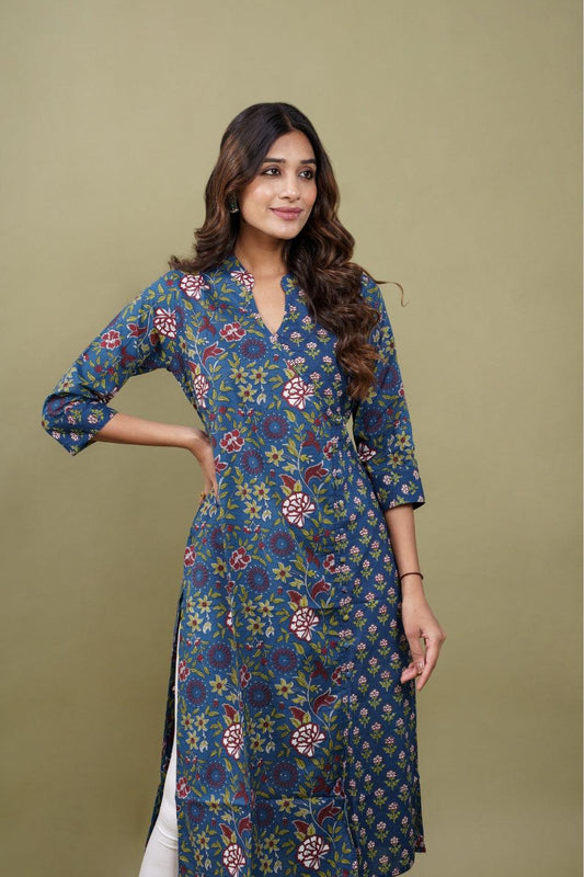 Ekisha women's cotton blue floral printed angrakha kurta kurti - Ekisha