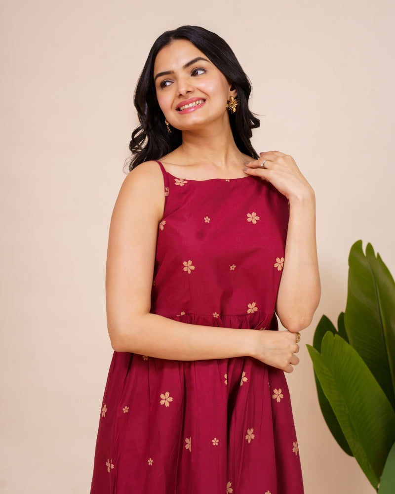 Ekisha's women dark wine floral printed sleeveless pure cotton midi dress, front view 3