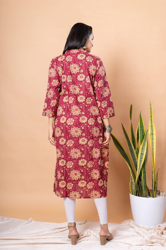 Ekisha women's Maroon designer printed multicolor floral printed straight kurta kurti - Ekisha