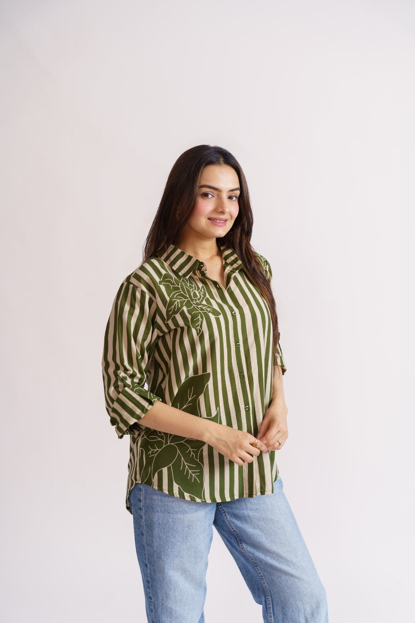 Women's olive stripe shirt collar and button placket detail
