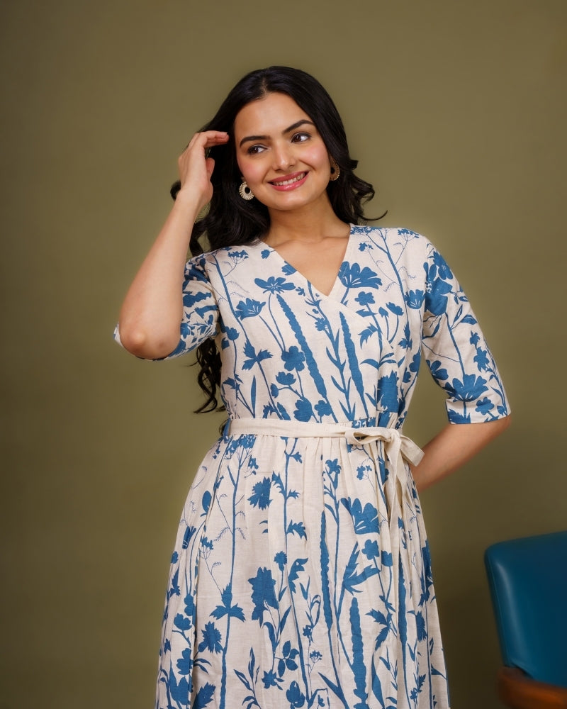 Ekisha's women white blue multicolor floral printed pure cotton midi dress, front view 4