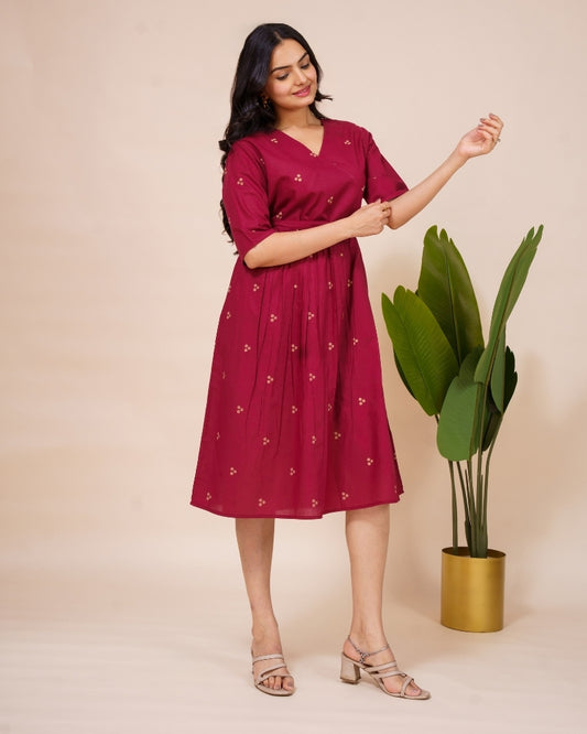 Ekisha's women dark wine printed V neck pure cotton midi dress, front view 2