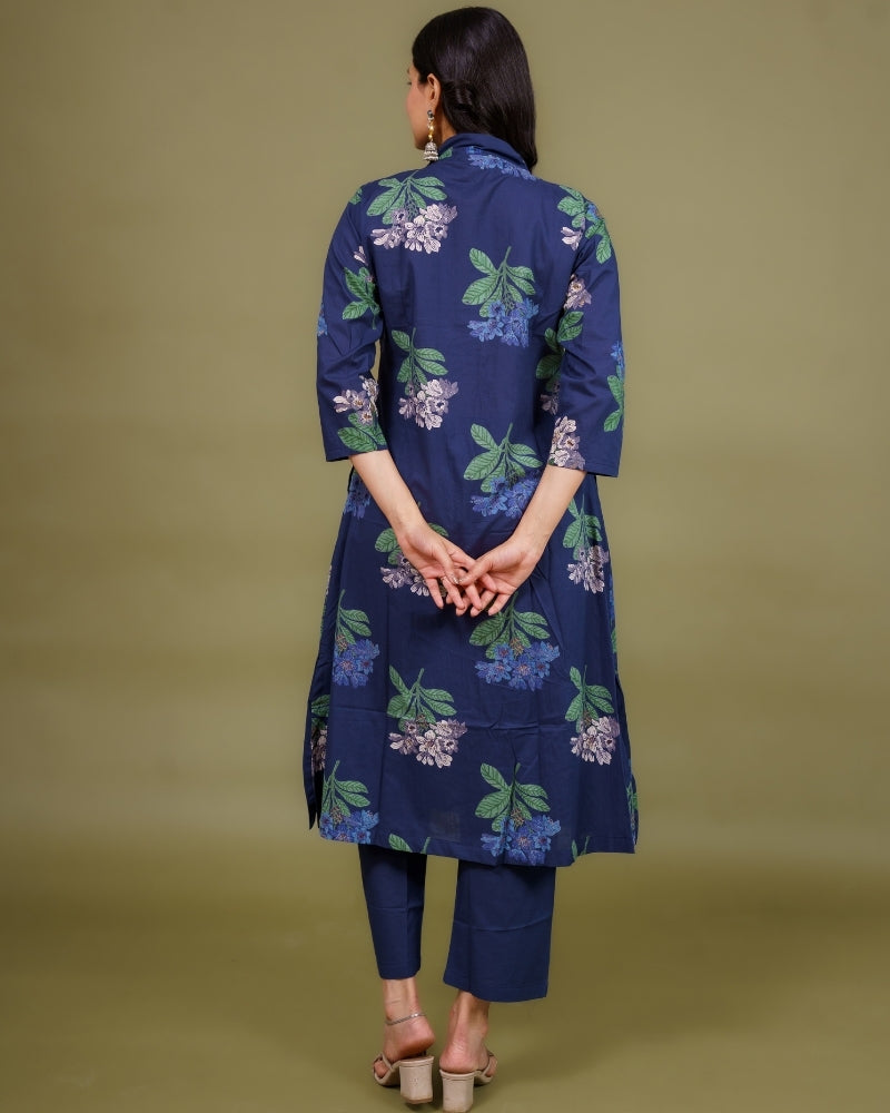 Ekisha's women navy multicolor floral printed cotton co-ord set lounge wear, back view