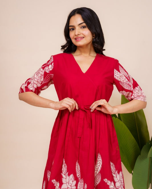 Ekisha's women red floral panel printed V neck pure cotton midi dress, front view 3