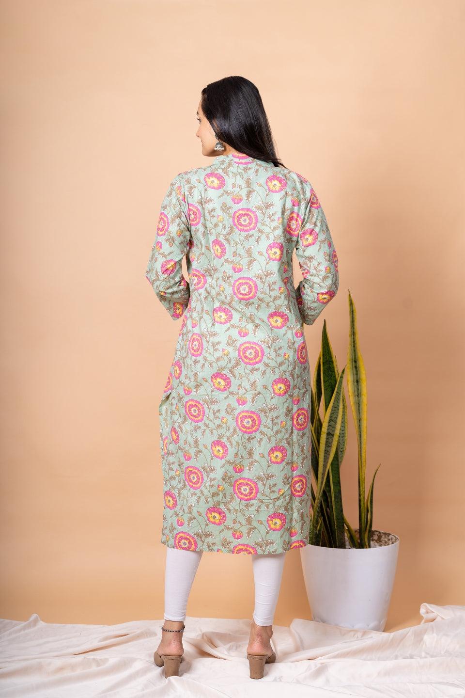 Ekisha women's green rani designer printed multicolor floral printed straight kurta kurti - Ekisha
