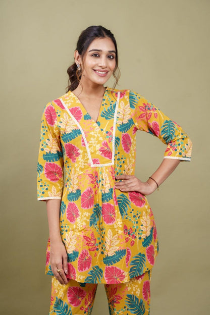 Ekisha's women yellow floral printed cotton co-ord set lounge wear - Ekisha