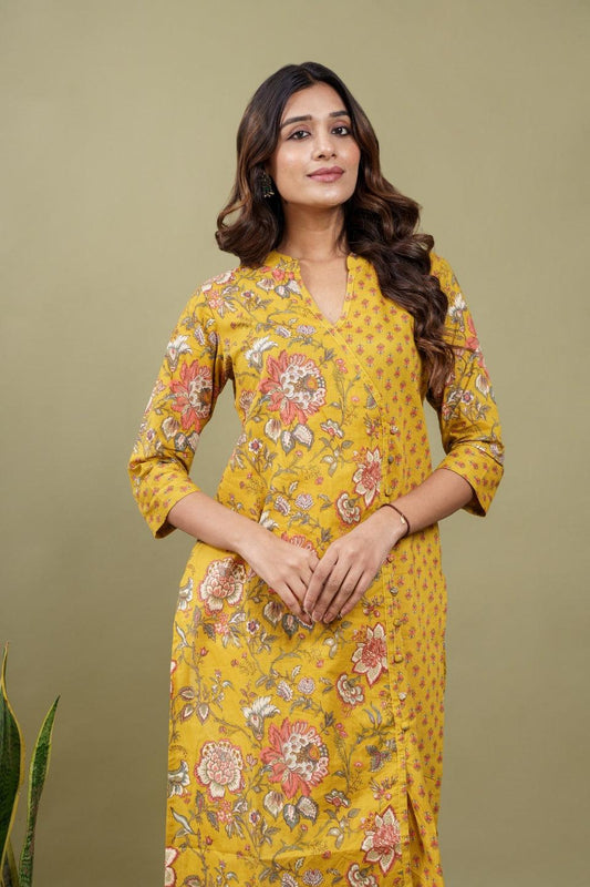 Ekisha women's cotton yellow floral printed angrakha kurta kurti - Ekisha