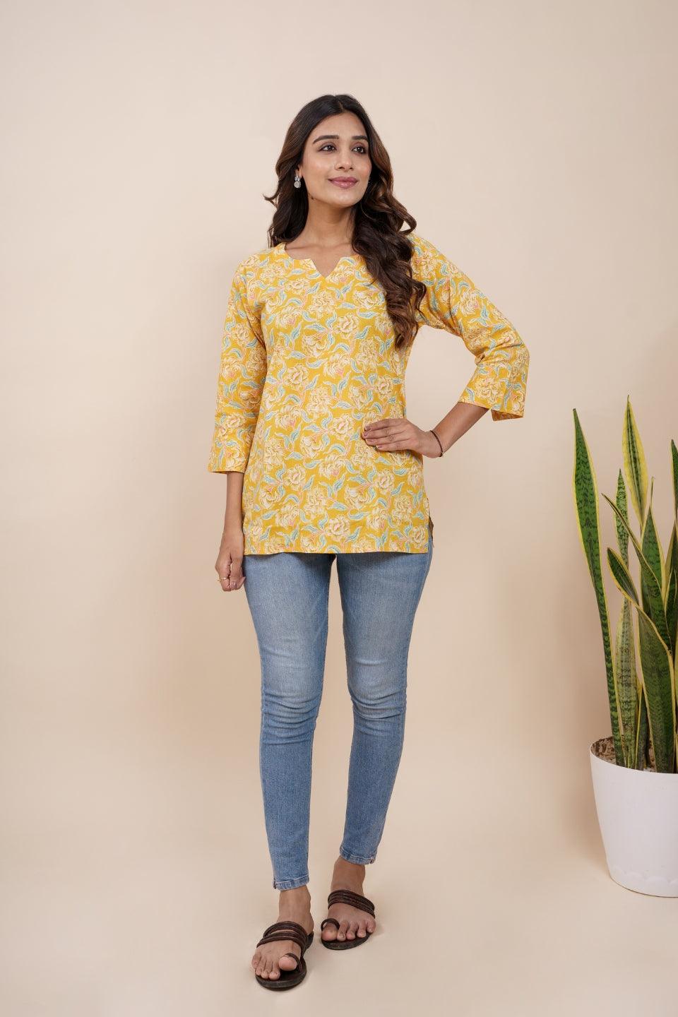 Ekisha's women yellow beautiful designer floral printed cotton tunic top short kurti - Ekisha