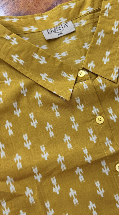 Women Pure Cotton Mustard Ikat printed relaxed fit shirt, detailed view