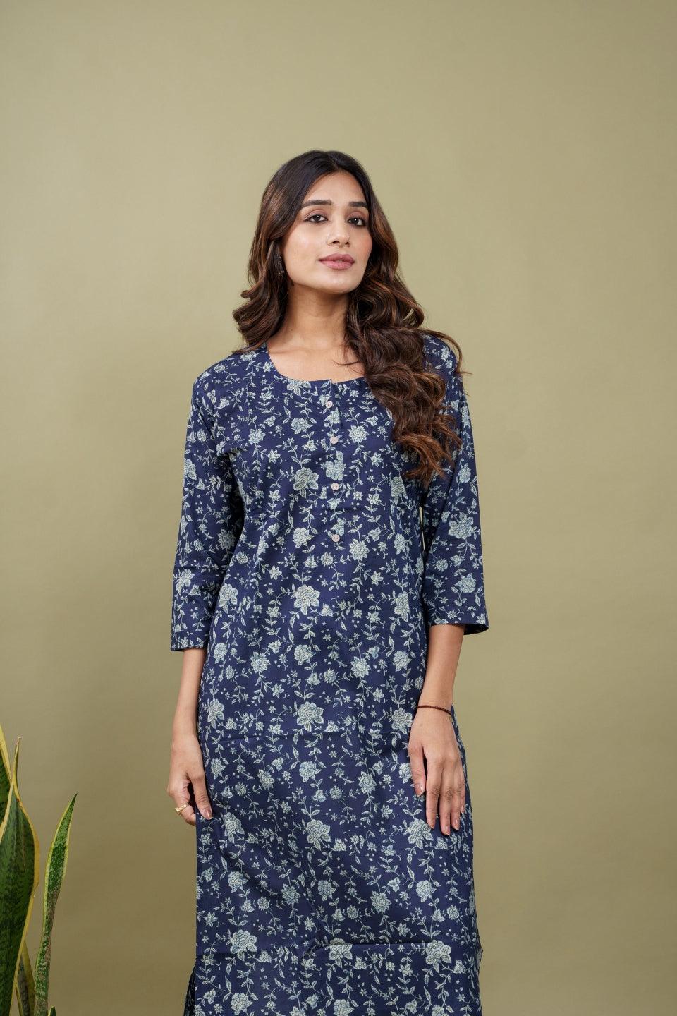 Ekisha women's blue beautiful designer printed multicolor floral printed straight kurta kurti - Ekisha