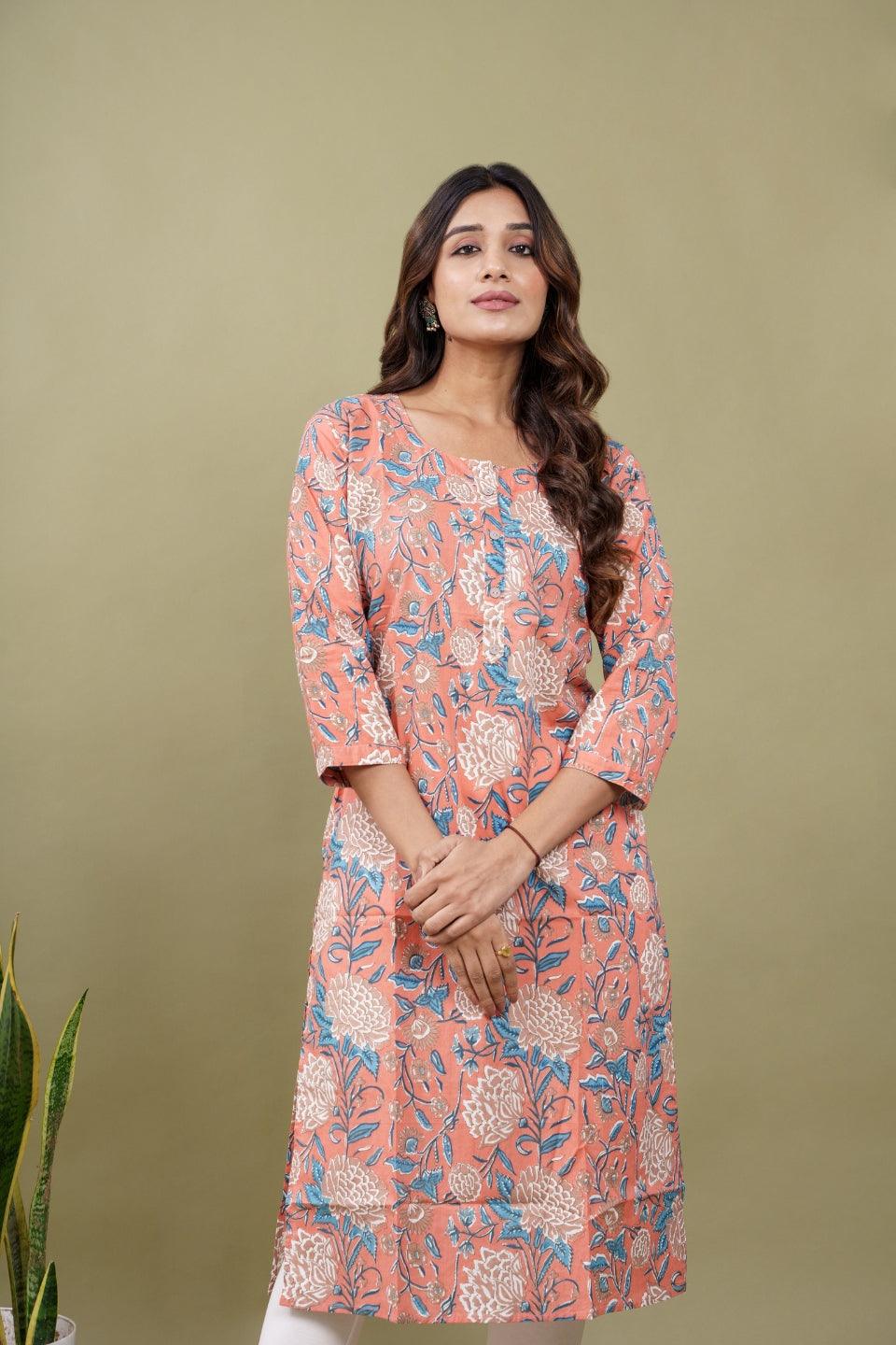 Ekisha women's peach beautiful designer printed multicolor floral printed straight kurta kurti - Ekisha