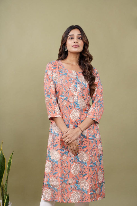 Ekisha women's peach beautiful designer printed multicolor floral printed straight kurta kurti - Ekisha