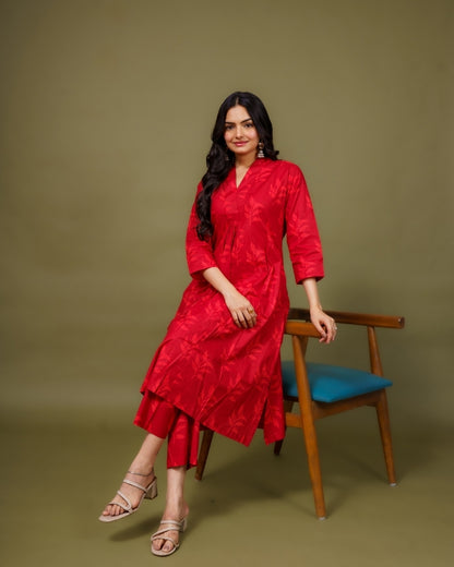 Ekisha's women red multicolor floral printed cotton co-ord set lounge wear, front view 3