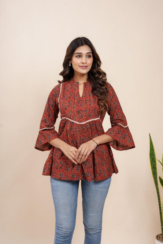 Ekisha's women maroon designer kalamkari floral printed cotton tunic top short kurti - Ekisha