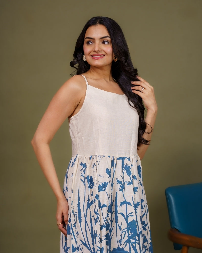Ekisha's women white blue floral printed sleeveless pure cotton midi dress, detailed view