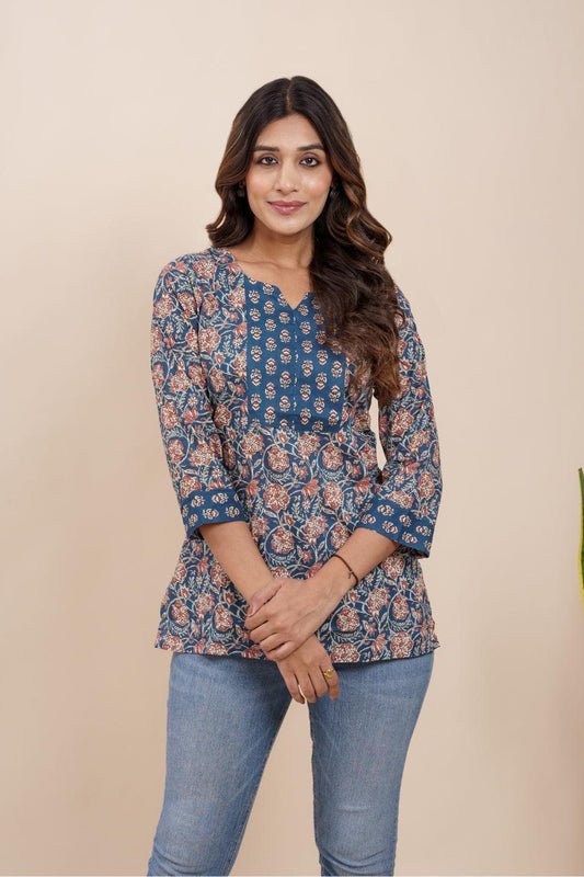 Ekisha's women blue beautiful designer floral printed cotton tunic top short kurti - Ekisha