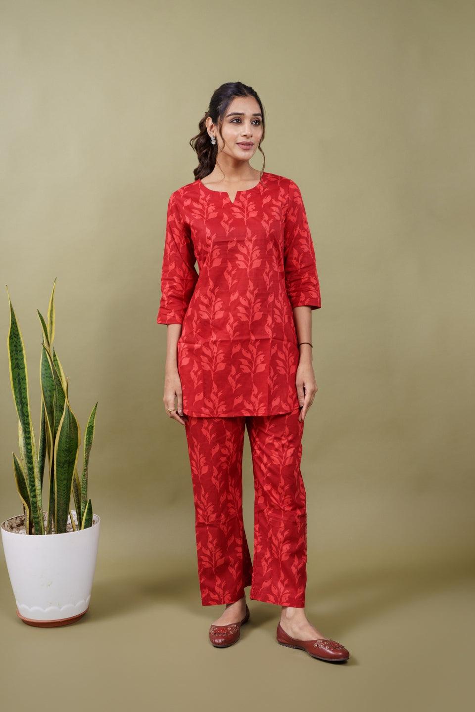 Ekisha's women red floral printed cotton co-ord set lounge wear - Ekisha
