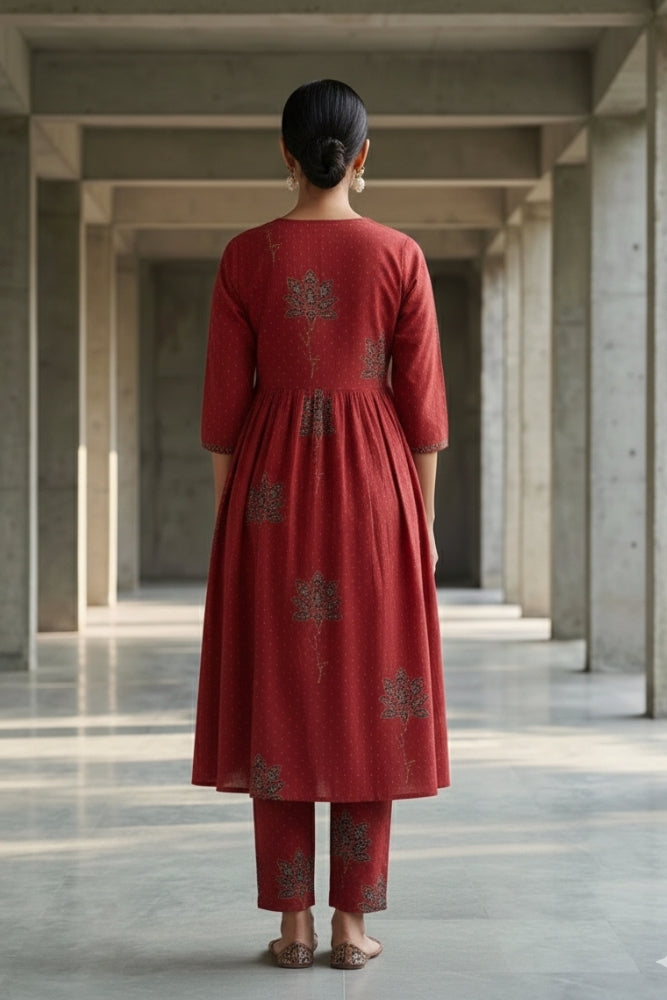 Ekisha's women maroon multicolor floral designer printed cotton co-ord set lounge wear, back view