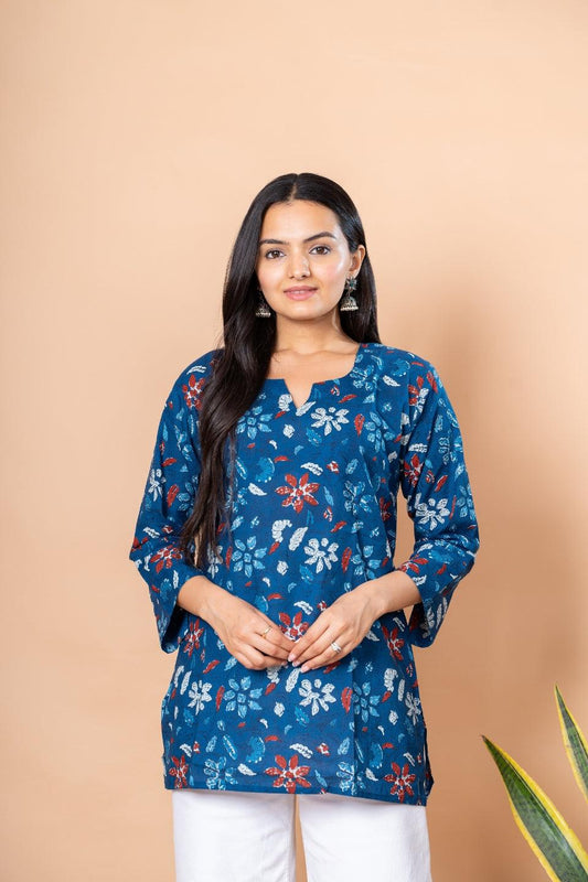 Ekisha's women blue designer floral printed cotton tunic top short kurti - Ekisha