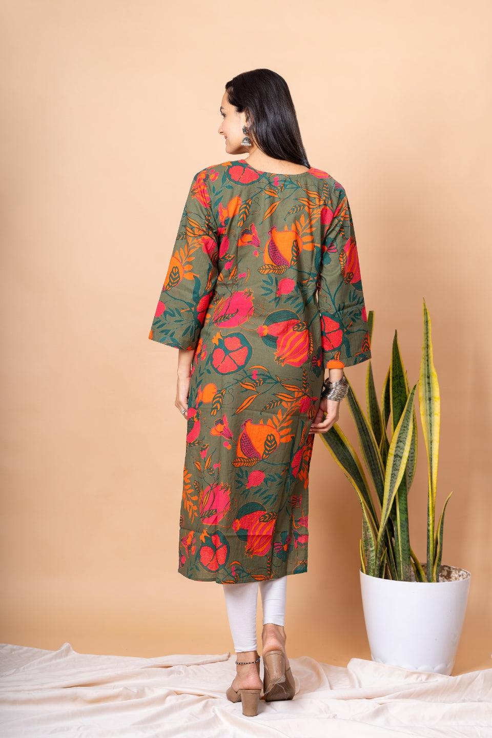 Ekisha women's dark green designer printed multicolor floral printed straight kurta kurti - Ekisha