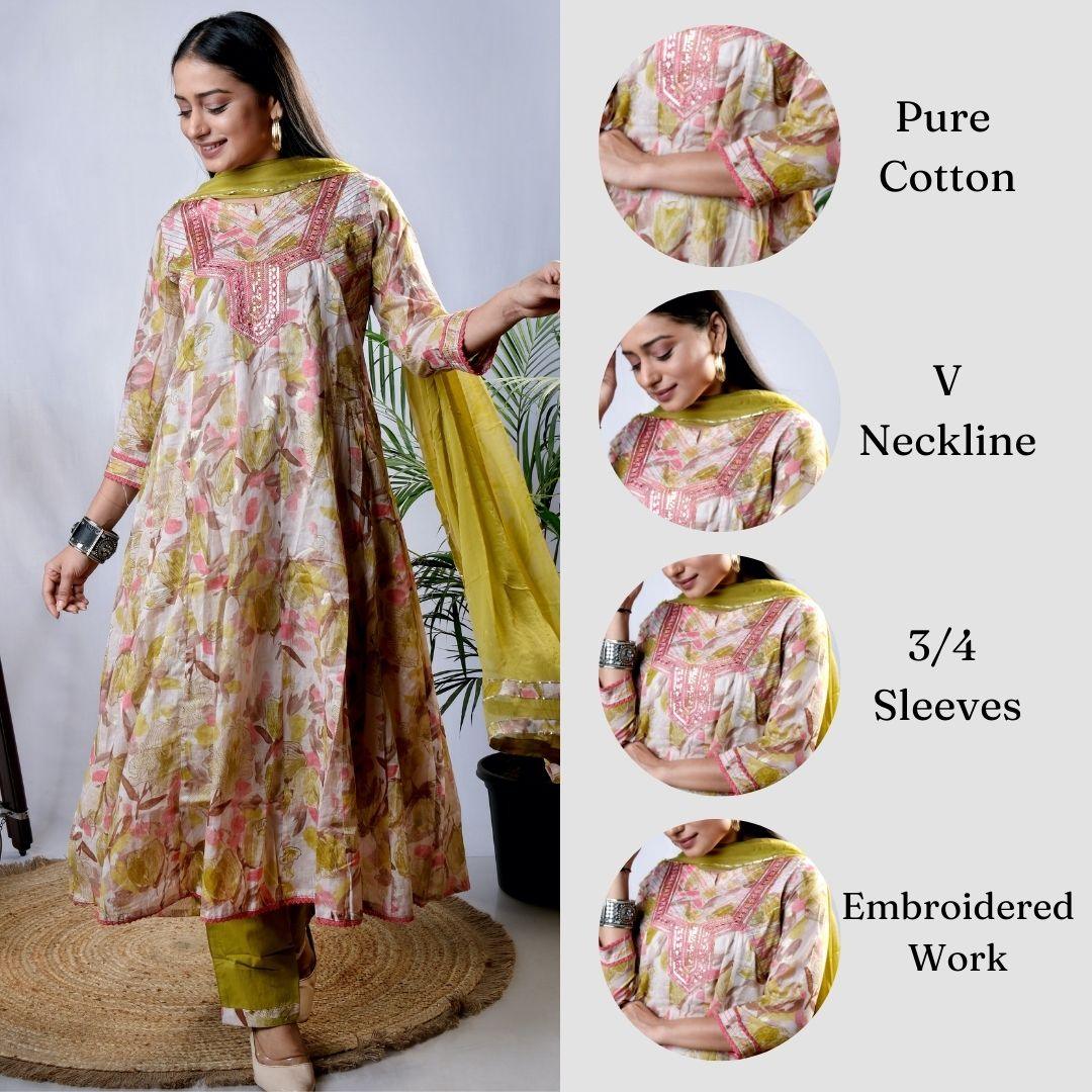 Ekisha's women printed mehandi embroidered cotton kurta and pant set with dupatta - Ekisha