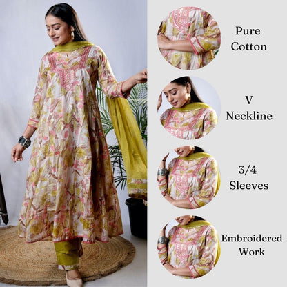 Ekisha's women printed mehandi embroidered cotton kurta and pant set with dupatta - Ekisha
