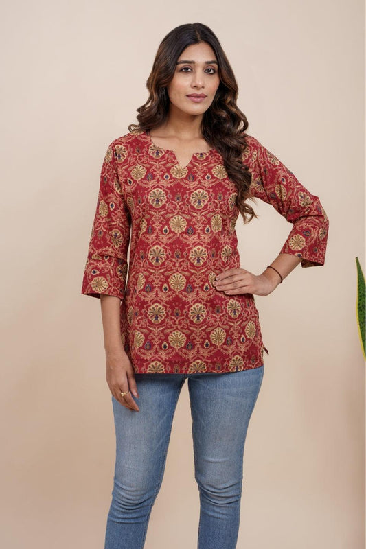 Ekisha's women maroon multicolor beautiful designer floral printed cotton tunic top short kurti - Ekisha