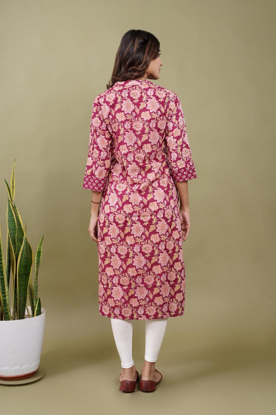 Ekisha women's cotton magenta floral printed angrakha kurta kurti - Ekisha