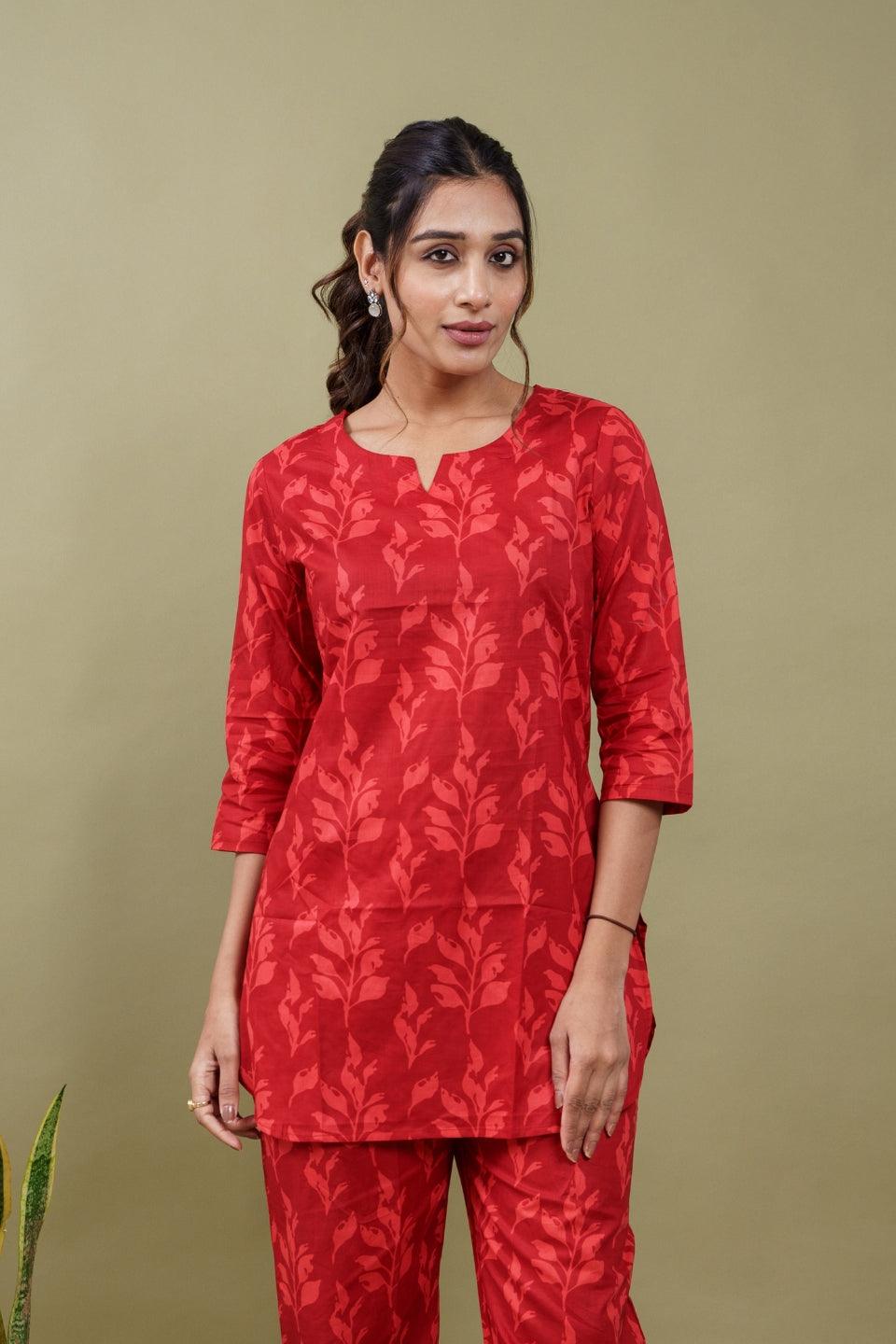 Ekisha's women red floral printed cotton co-ord set lounge wear - Ekisha
