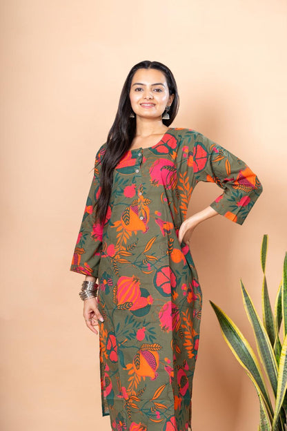 Ekisha women's dark green designer printed multicolor floral printed straight kurta kurti - Ekisha