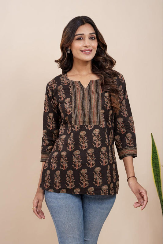 Ekisha's women black beautiful designer floral printed cotton tunic top short kurti - Ekisha