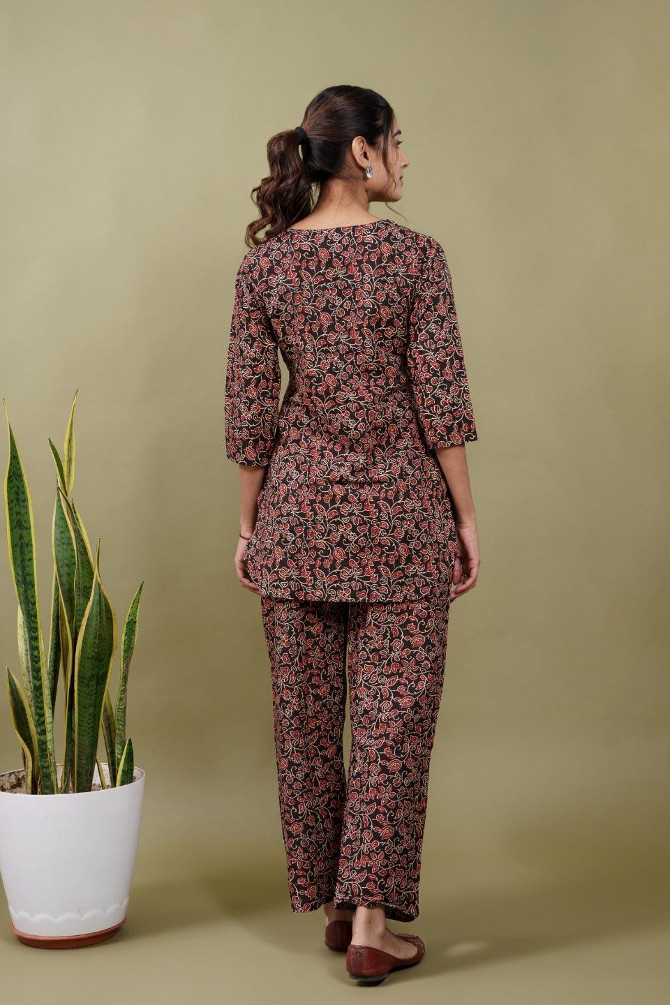 Ekisha's women black kalamkari floral printed cotton co-ord set lounge wear - Ekisha