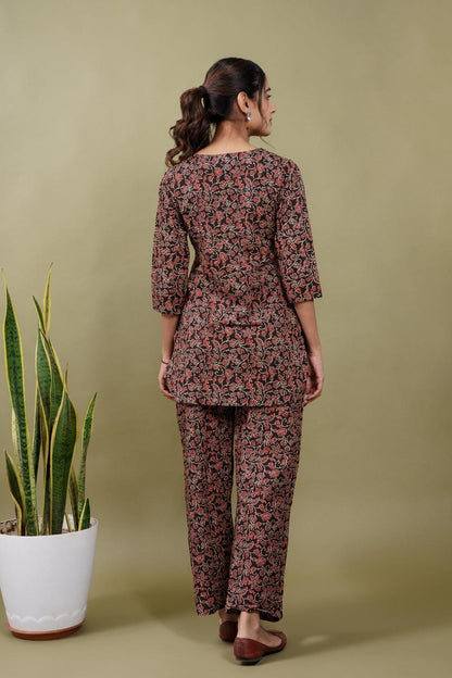 Ekisha's women black kalamkari floral printed cotton co-ord set lounge wear - Ekisha