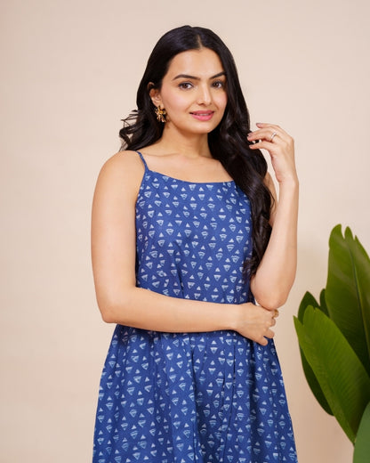 Ekisha's women blue abstract printed sleeveless pure cotton midi dress, detailed view