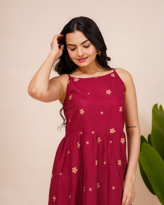 Ekisha's women dark wine floral printed sleeveless pure cotton midi dress, front view 4