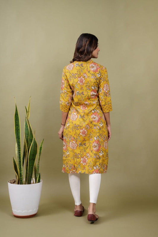 Ekisha women's cotton yellow floral printed angrakha kurta kurti - Ekisha