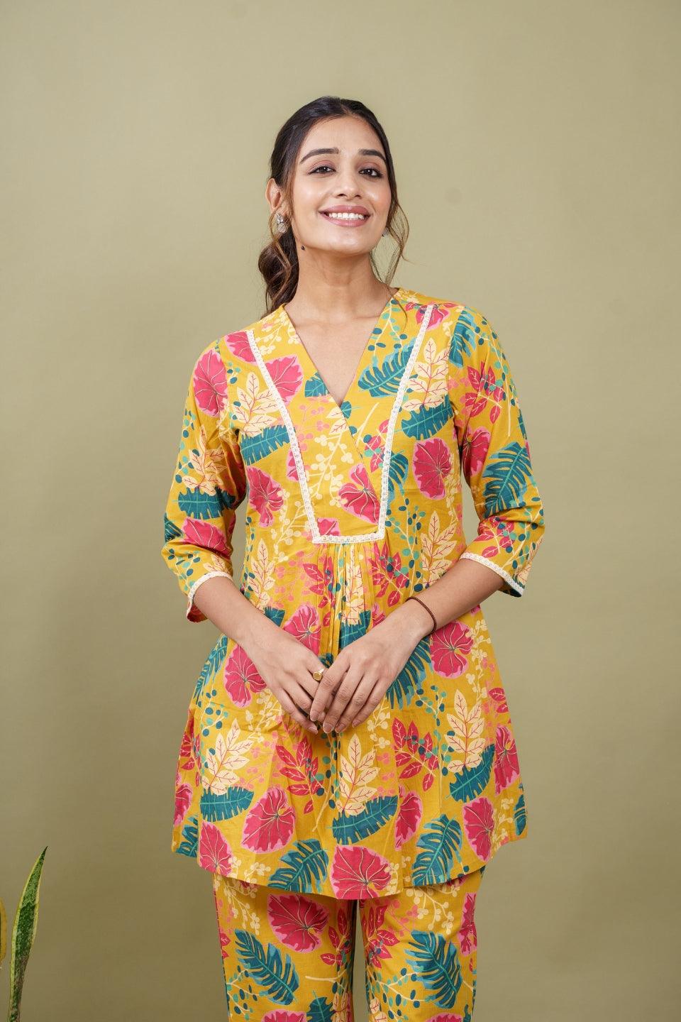 Ekisha's women yellow floral printed cotton co-ord set lounge wear - Ekisha