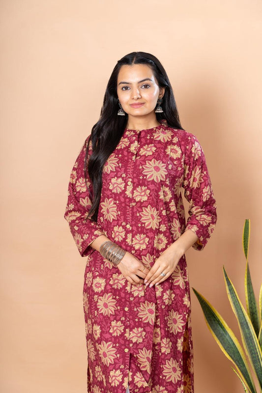 Ekisha women's Maroon designer printed multicolor floral printed straight kurta kurti - Ekisha
