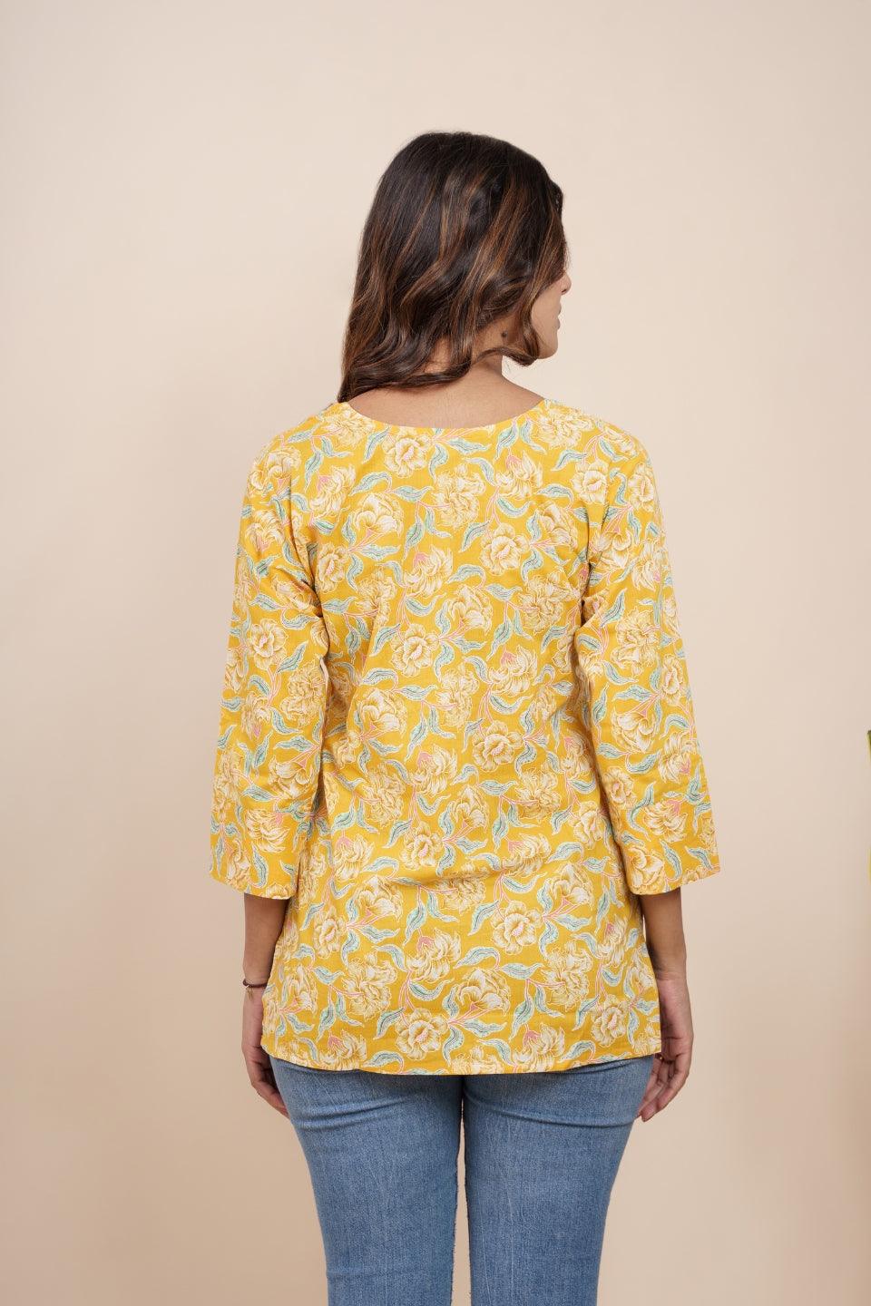 Ekisha's women yellow beautiful designer floral printed cotton tunic top short kurti - Ekisha