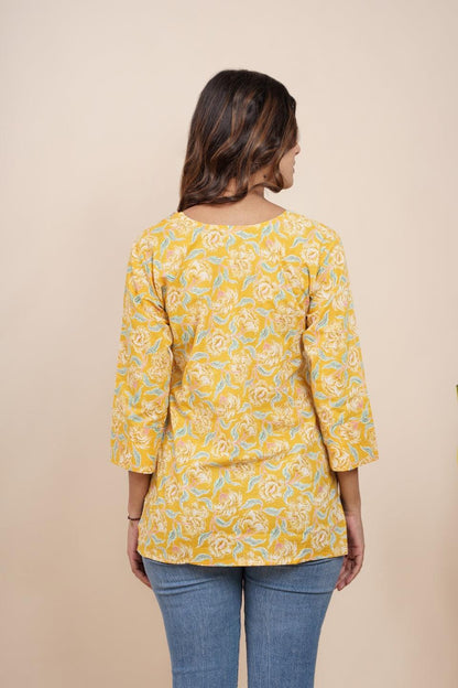 Ekisha's women yellow beautiful designer floral printed cotton tunic top short kurti - Ekisha