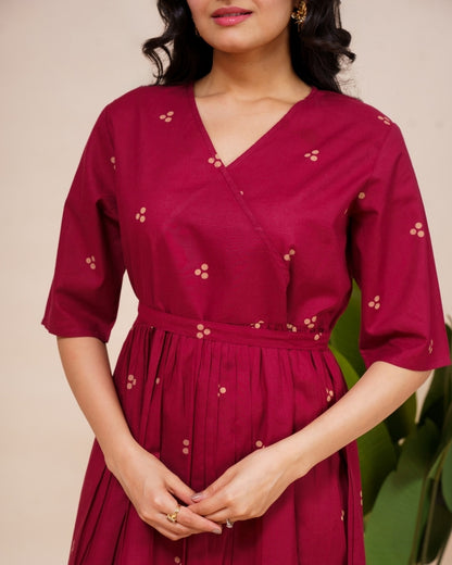 Ekisha's women dark wine printed V neck pure cotton midi dress, detailed view