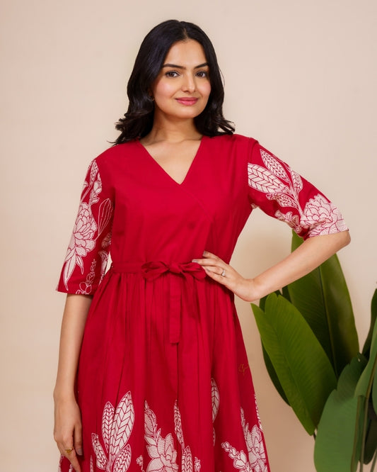 Ekisha's women red floral panel printed V neck pure cotton midi dress, front view 4