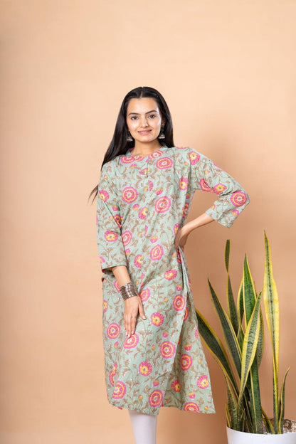 Ekisha women's green rani designer printed multicolor floral printed straight kurta kurti - Ekisha
