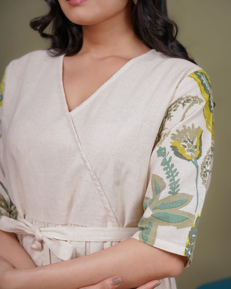 Ekisha's women white multicolor floral printed pure cotton midi dress, detailed view