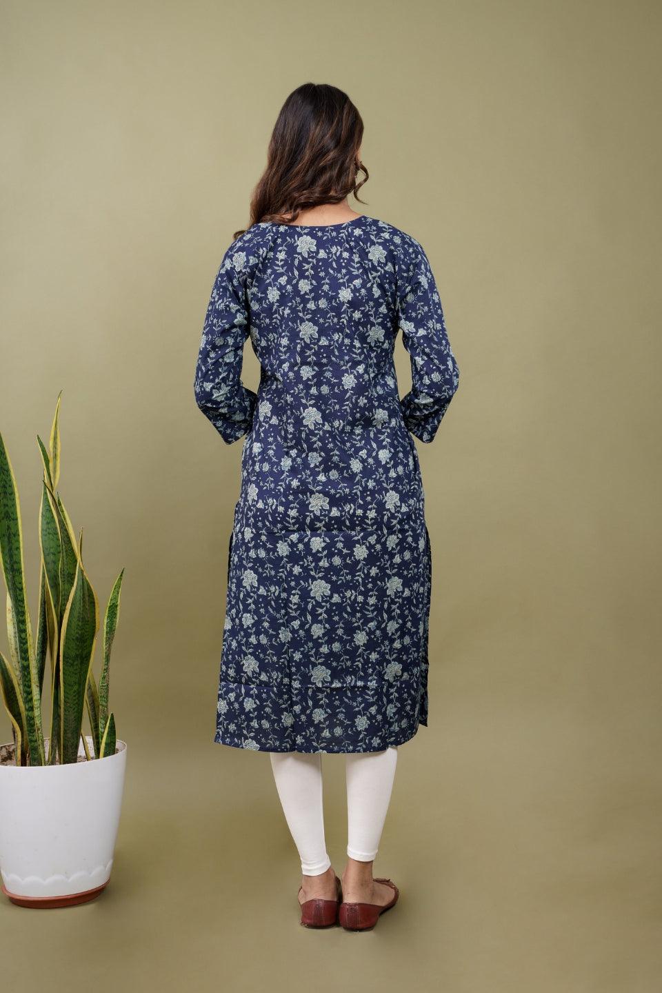 Ekisha women's blue beautiful designer printed multicolor floral printed straight kurta kurti - Ekisha