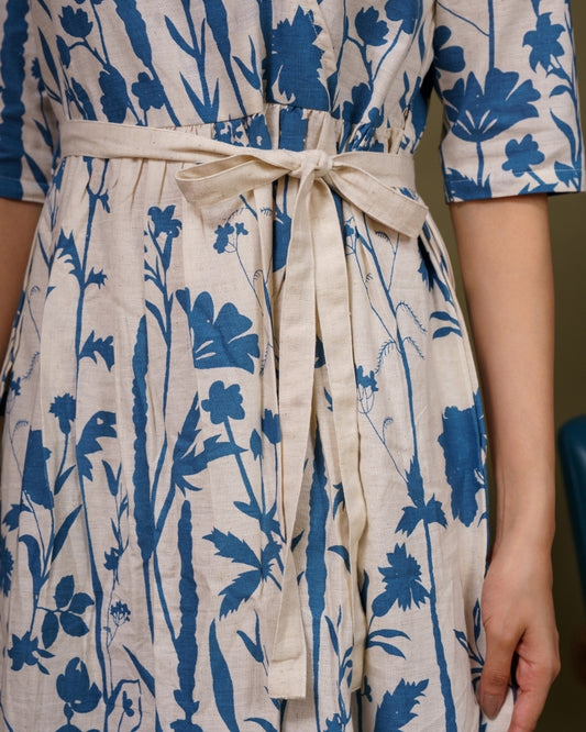 Ekisha's women white blue multicolor floral printed pure cotton midi dress, detailed view 2